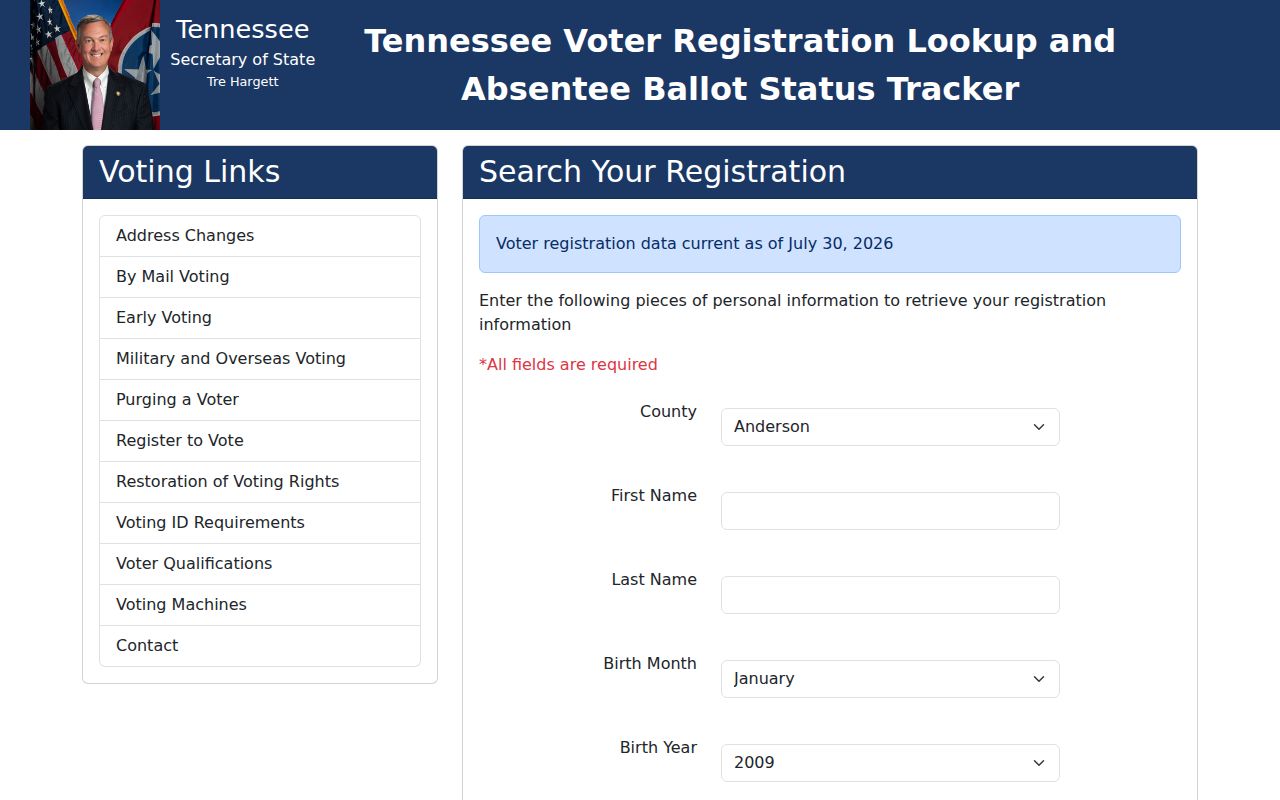Germantown voter registration lookup fields on the Tennessee portal